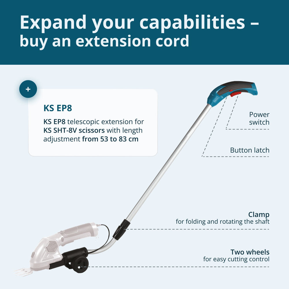 Cordless 2 in 1 Grass Shear and Hedge Trimmer with Telescopic Extension Pole KS SHT-8V + Extension Pole
